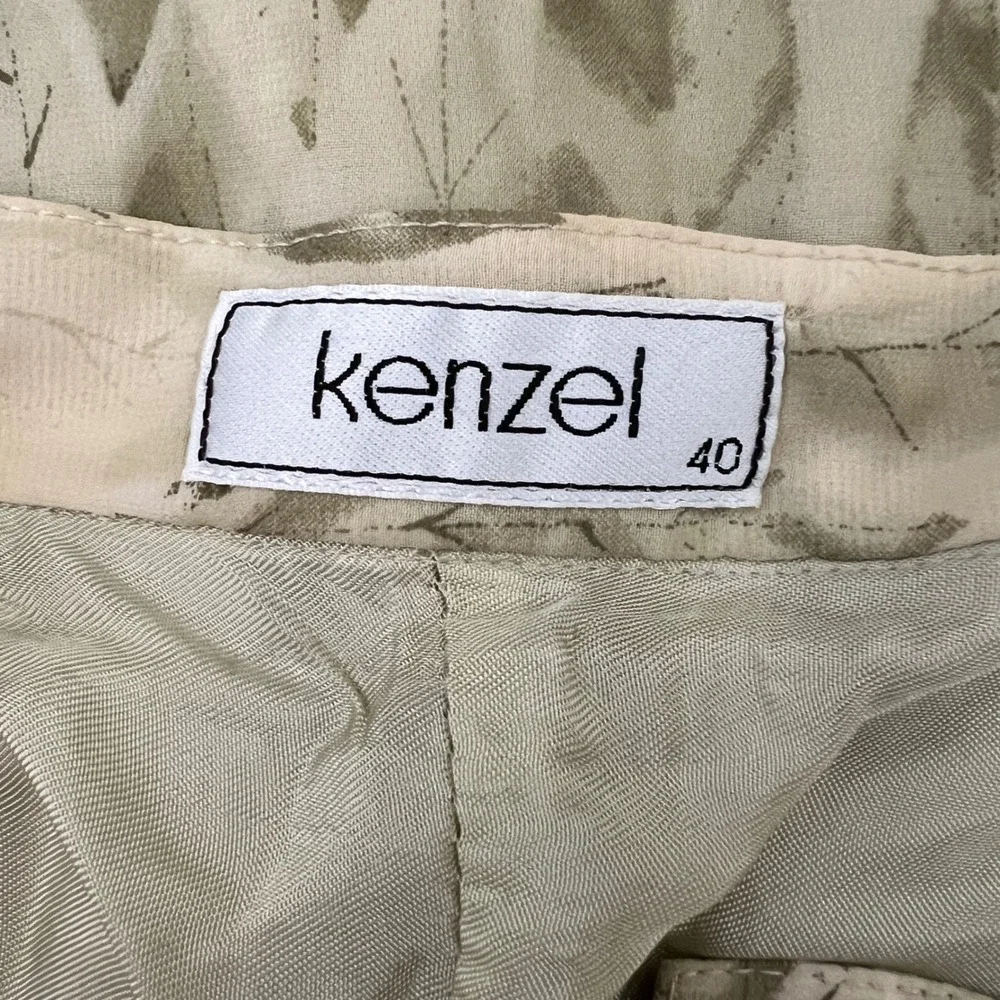 Kenzel Abstract Leaf Print Maxi Skirt Green Tan Lined Side Zip Womens 90s